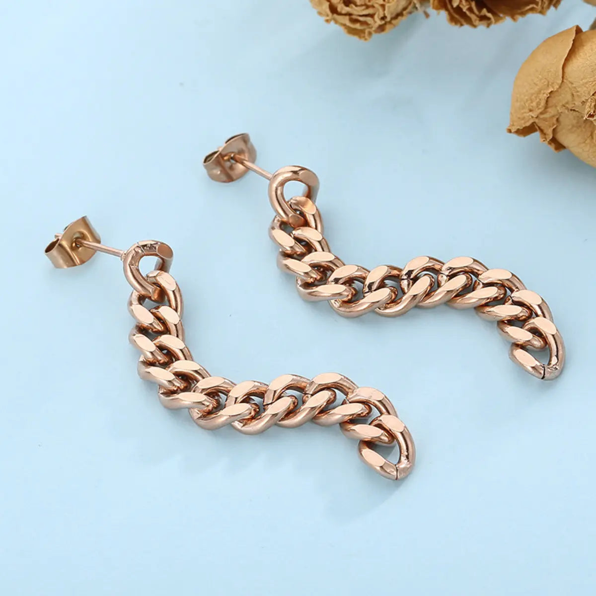 Cuban Link Chain Drop Earrings Rose Gold Details