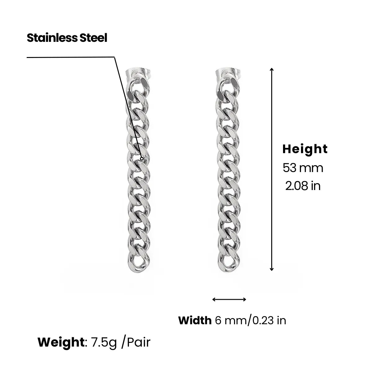 Cuban Link Chain Drop Earrings Silver 6mm Width