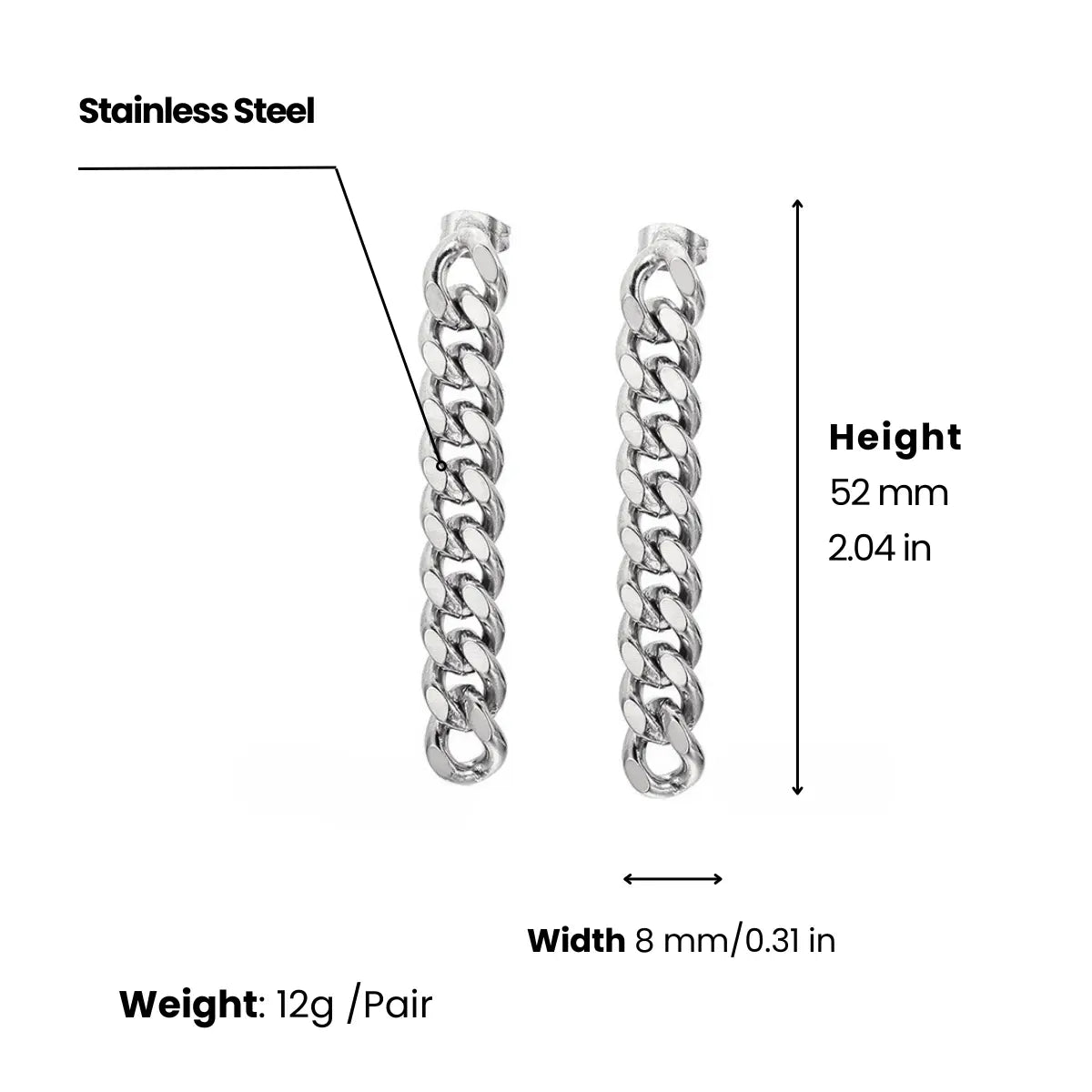 Cuban Link Chain Drop Earrings Silver 8mm Width