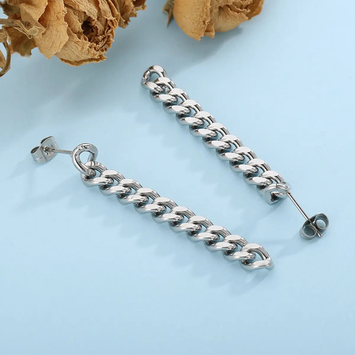 Cuban Link Chain Drop Earrings Silver Details