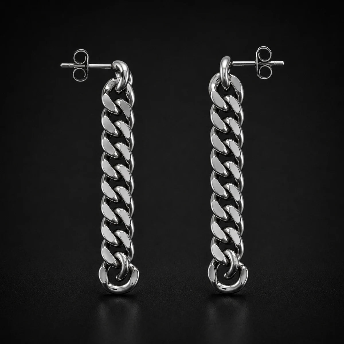 Cuban Link Chain Drop Earrings Silver Pair Close Up Black Background