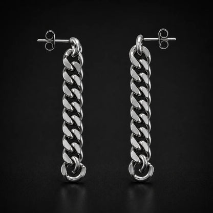 Cuban Link Chain Drop Earrings Silver Pair Close Up Black Background