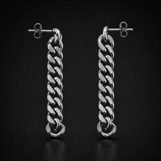 Cuban Link Chain Drop Earrings Silver Pair Close Up Black Background