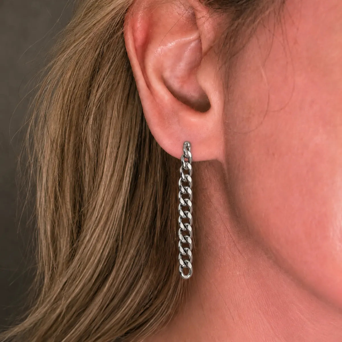 Cuban Link Chain Drop Earrings Silver Worn by Female Model Close Up