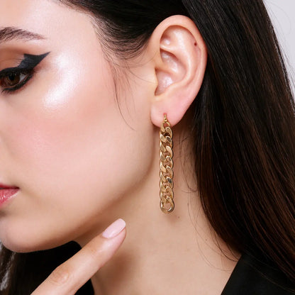 Cuban Link Chain Drop Earrings Worn by Female Model