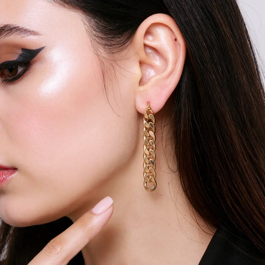 Cuban Link Chain Drop Earrings Worn by Female Model