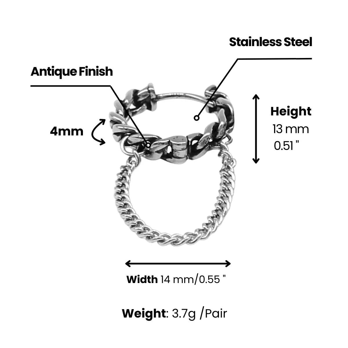Cuban Link Drop Hoop Earrings Dimensions and Weight