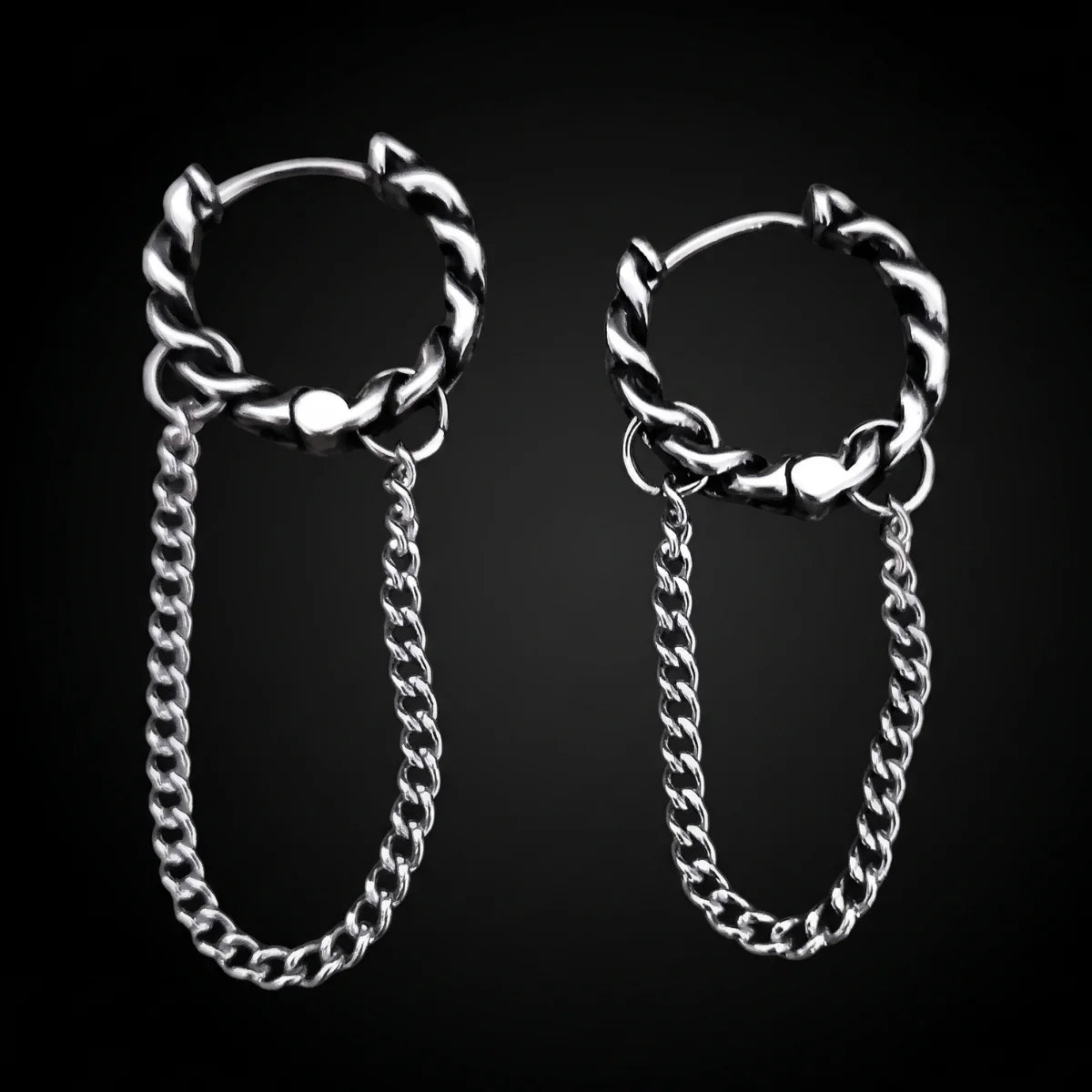 Cuban Link Drop Hoop Earrings Silver Close Up