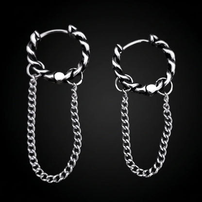 Cuban Link Drop Hoop Earrings Silver Close Up