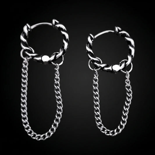 Cuban Link Drop Hoop Earrings Silver Close Up