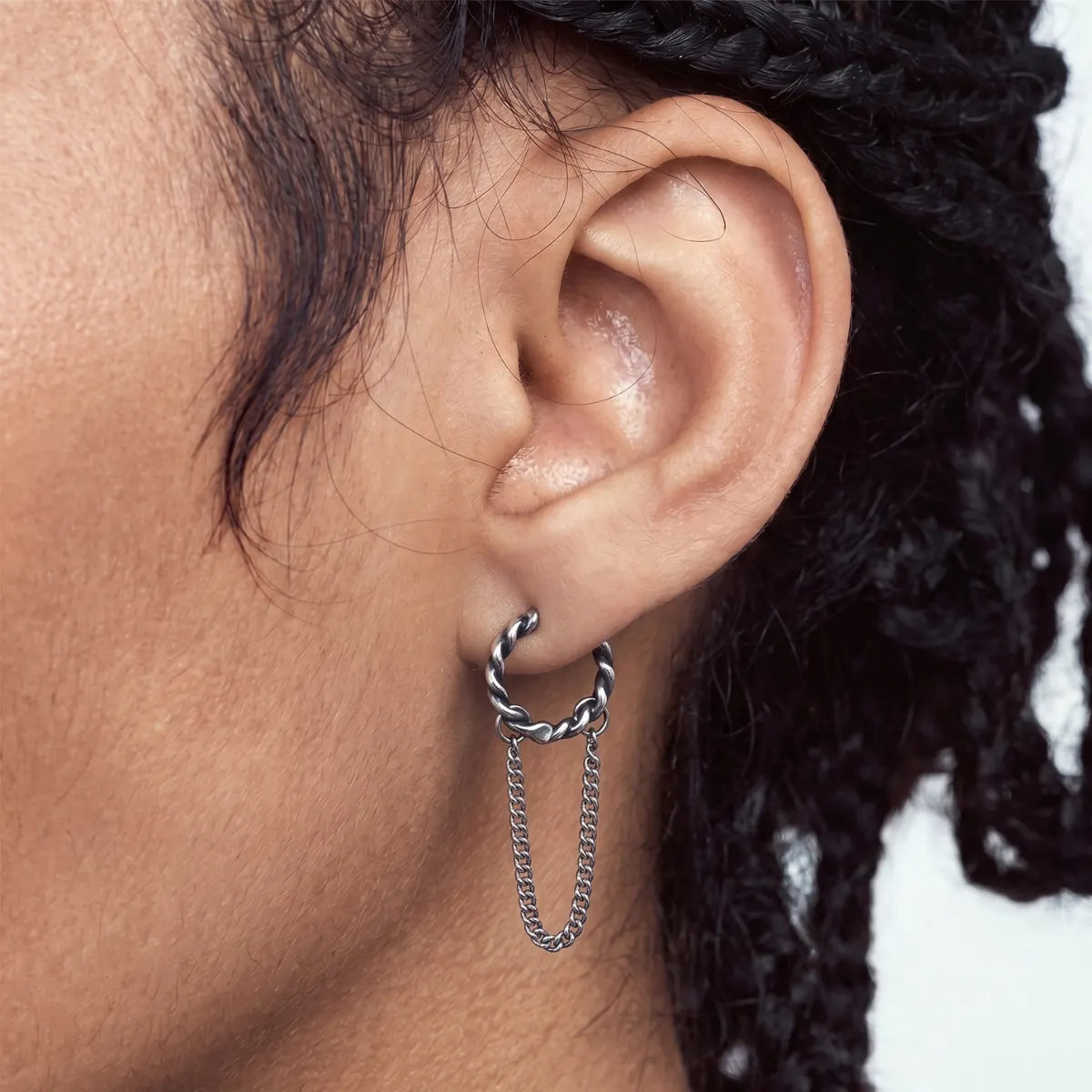 Cuban Link Drop Hoop Earrings Silver Worn by Male Model