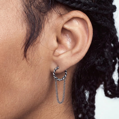 Cuban Link Drop Hoop Earrings Silver Worn by Male Model