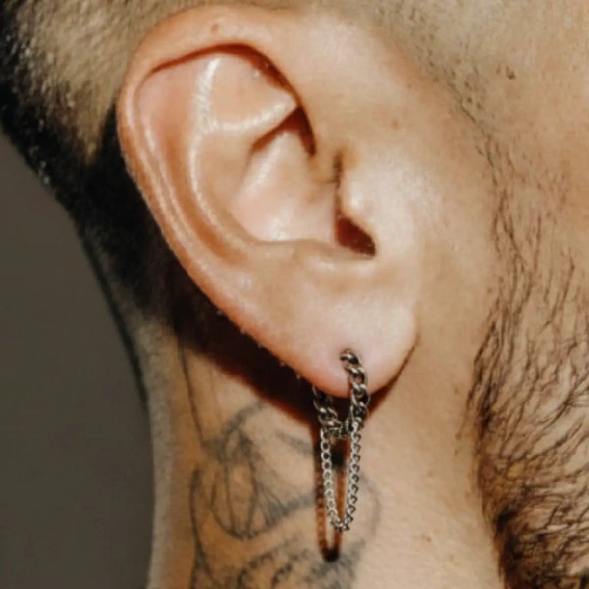 Cuban Link Drop Hoop Earrings Worn by Male Model