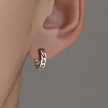 Cuban Link Hoop Earrings Sterling Silver White Worn by Male Model