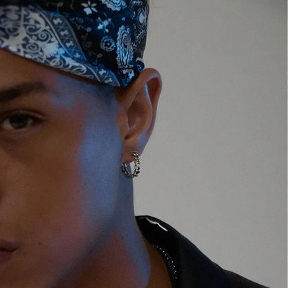 Cuban Link Hoop Earrings Sterling Silver Worn By Male Model Close Up