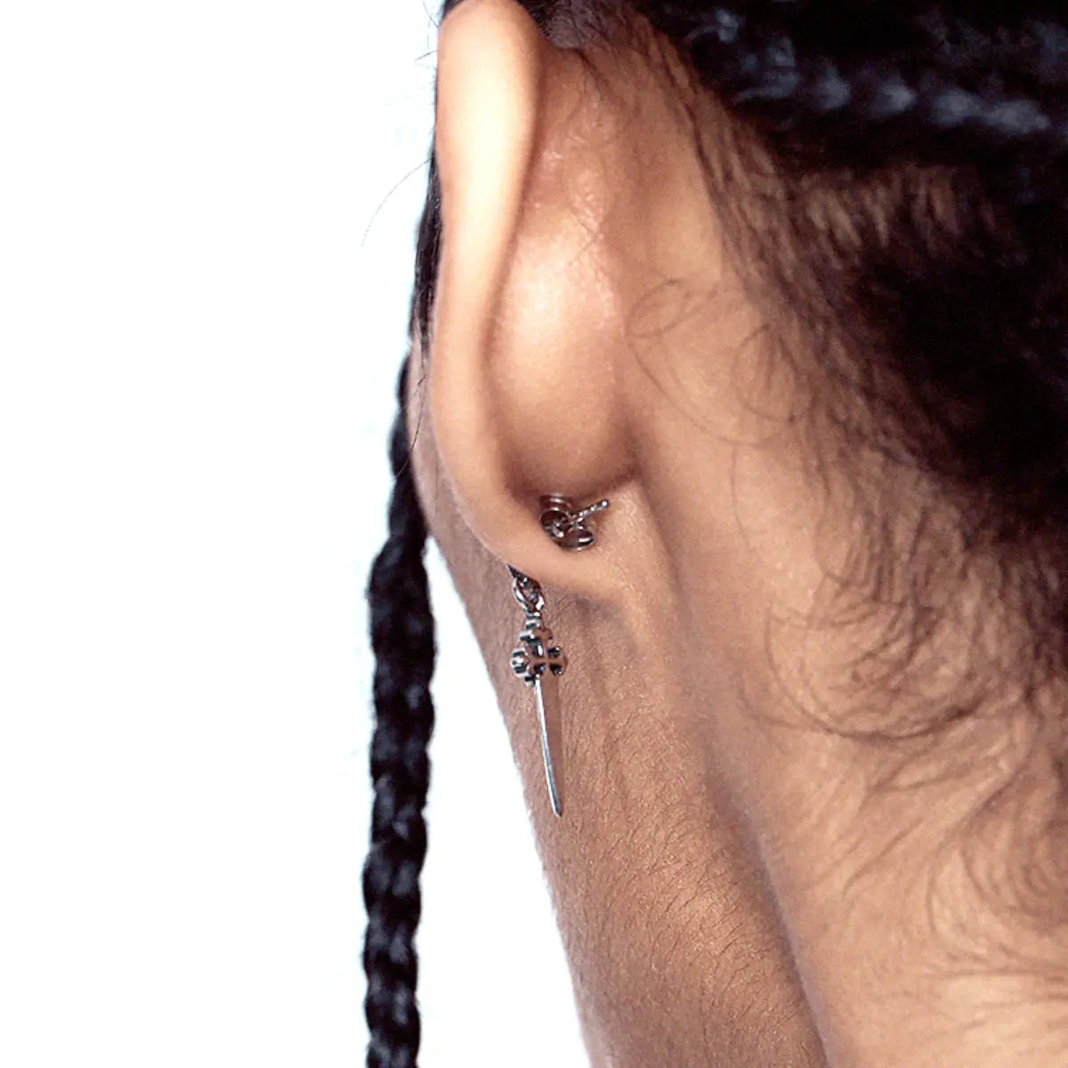 Dagger Dangle Stud Earrings Back Worn by Male Model