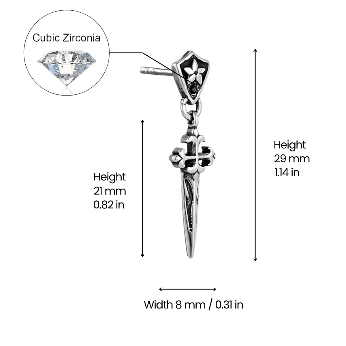 Dagger Dangle Stud Earrings Dimensions and Weight