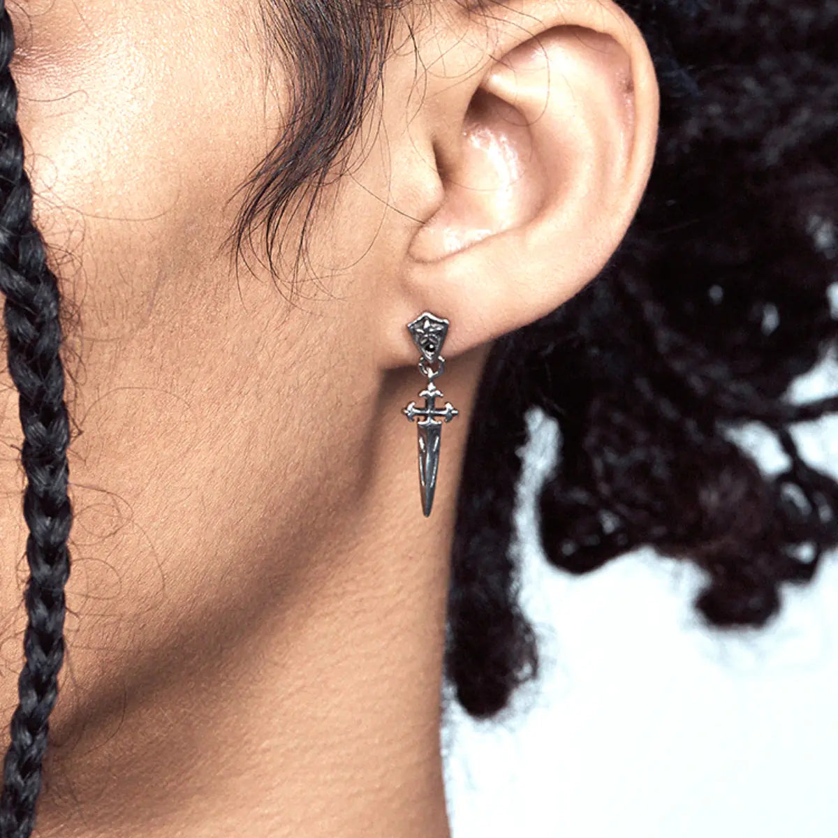 Dagger Dangle Stud Earrings Front Worn by Male Model