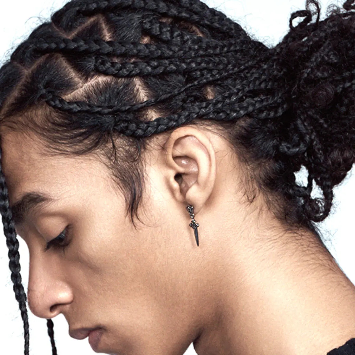 Dagger Dangle Stud Earrings Side Worn by Male Model