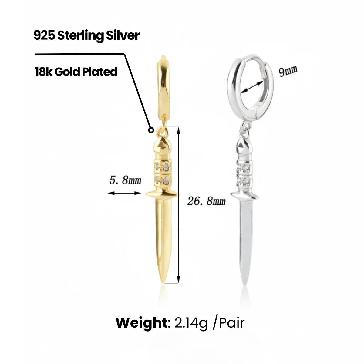 Gold Dagger Drop Earrings Sterling Silver Dimensions and Weight