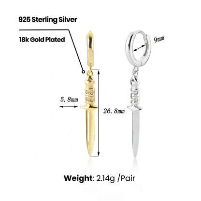 Gold Dagger Drop Earrings Sterling Silver Dimensions and Weight