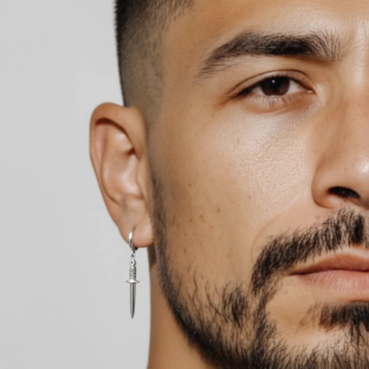Dagger Drop Earrings Sterling Silver Worn by Male Model