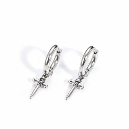 Dagger Drop Hoop Earrings Silver Details
