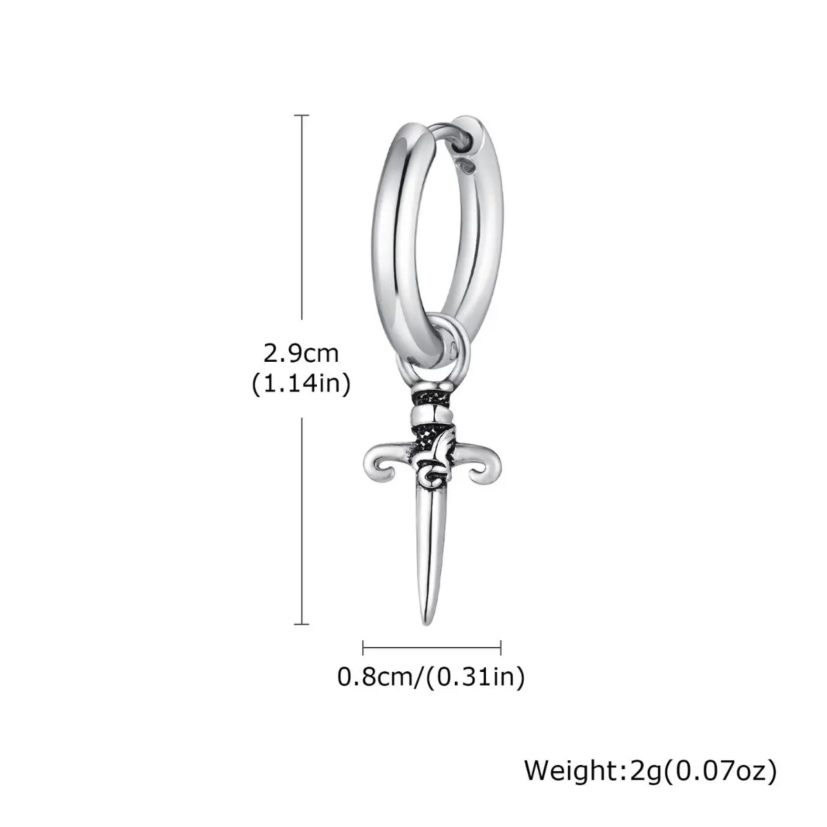 Dagger Drop Hoop Earrings Silver Dimensions and Weight