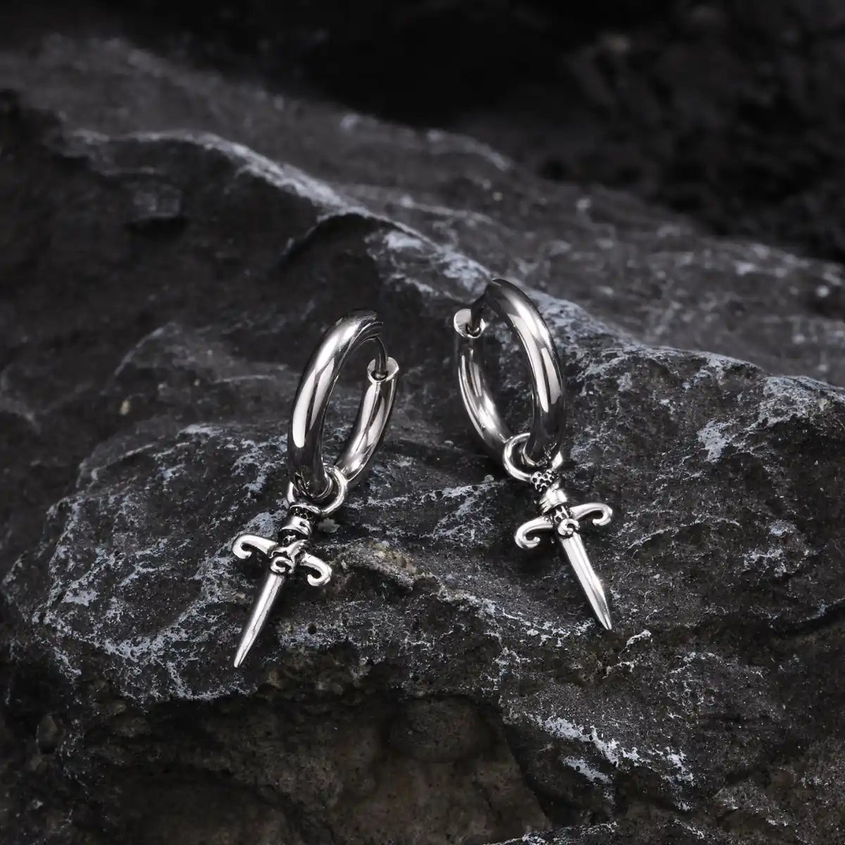 Dagger Drop Hoop Earrings Silver Front View
