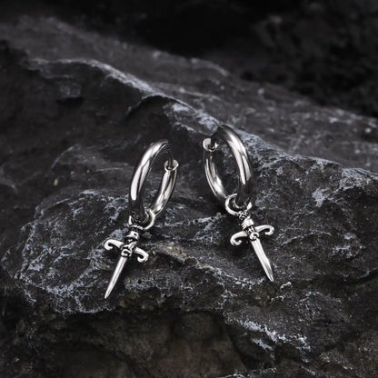 Dagger Drop Hoop Earrings Silver Front View