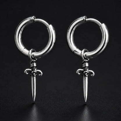 Dagger Drop Hoop Earrings Silver Pair Close Up Black Background