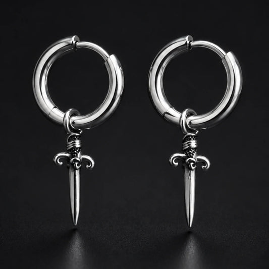 Dagger Drop Hoop Earrings Silver Pair Close Up Black Background