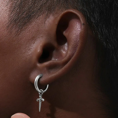 Dagger Drop Hoop Earrings Silver Worn by Male Model Close Up