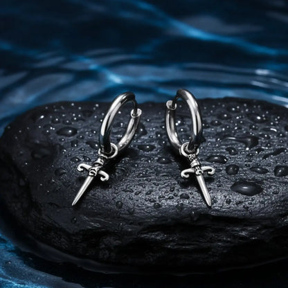Dagger Drop Hoop Earrings Silver