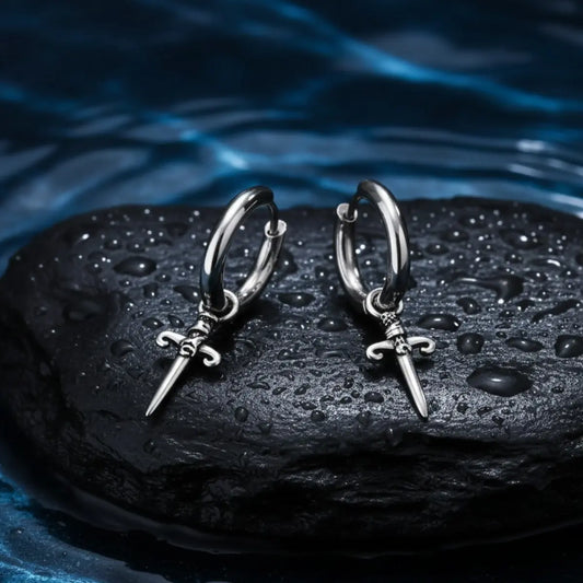 Dagger Drop Hoop Earrings Silver