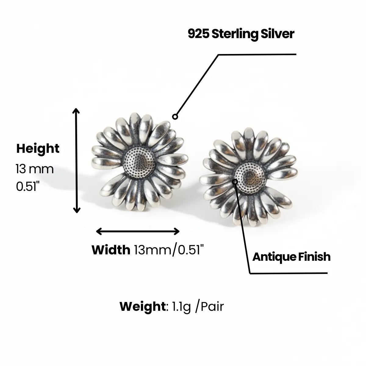 Daisy stud earrings sterling silver dimensions and weight