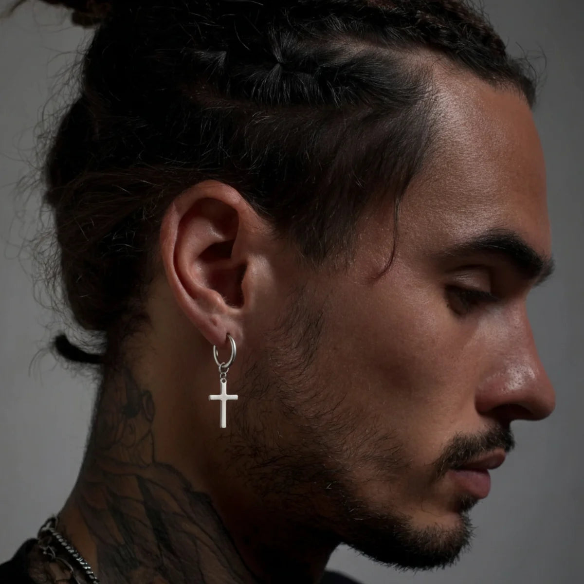 Dangling Cross Earrings Silver Worn by Male Model Side
