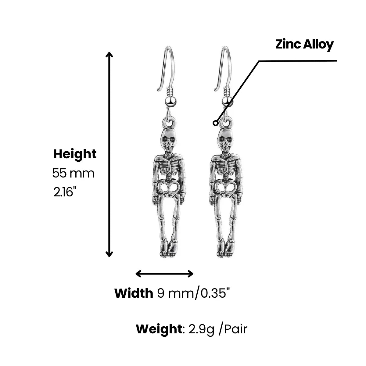 Dangling Skeleton Earrings Dimensions and Weight