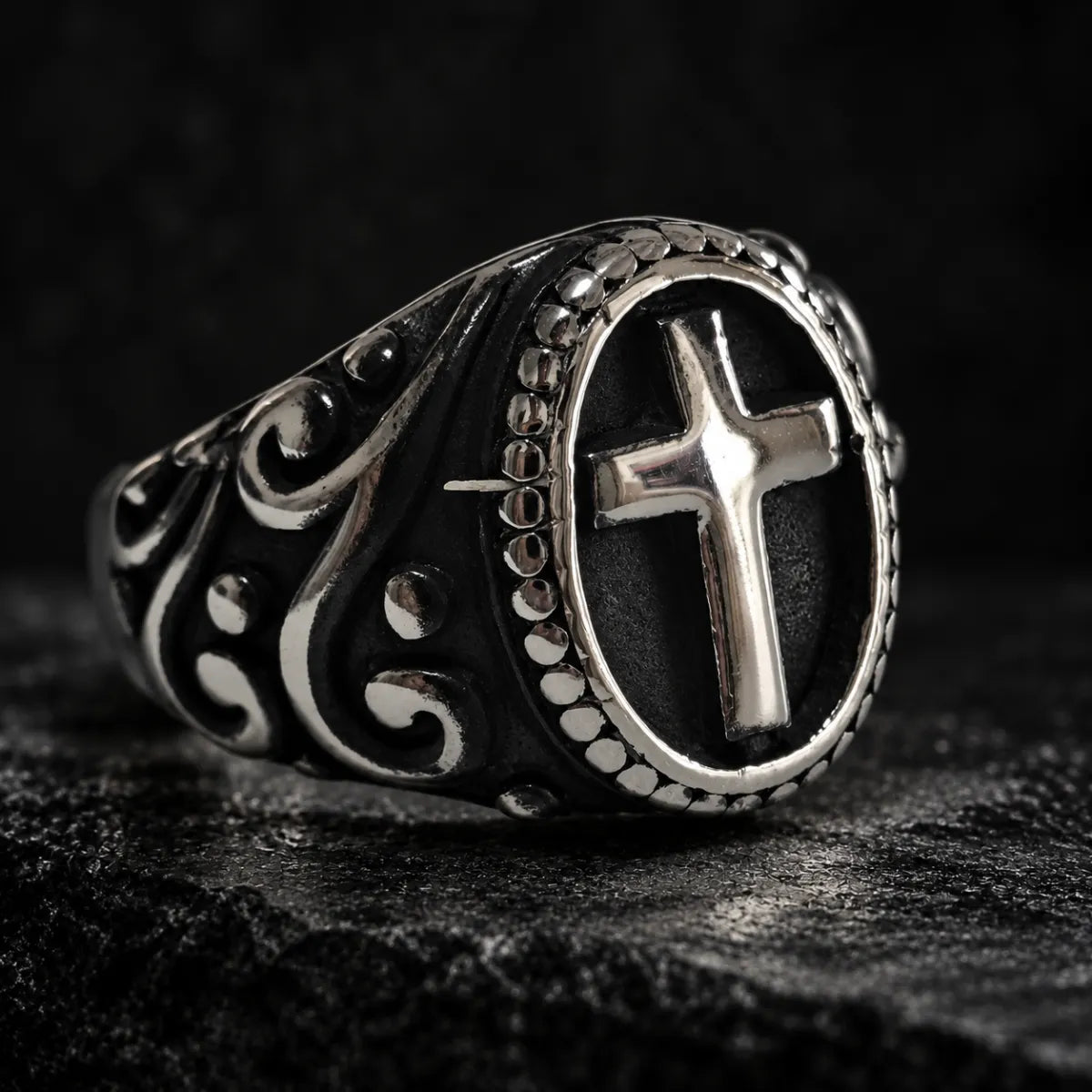 Dark Cross Ring Vintage Silver Close Up Black Background