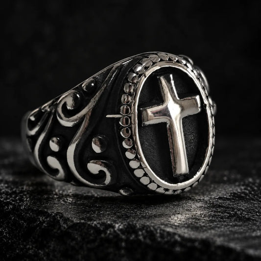 Dark Cross Ring Vintage Silver Close Up Black Background