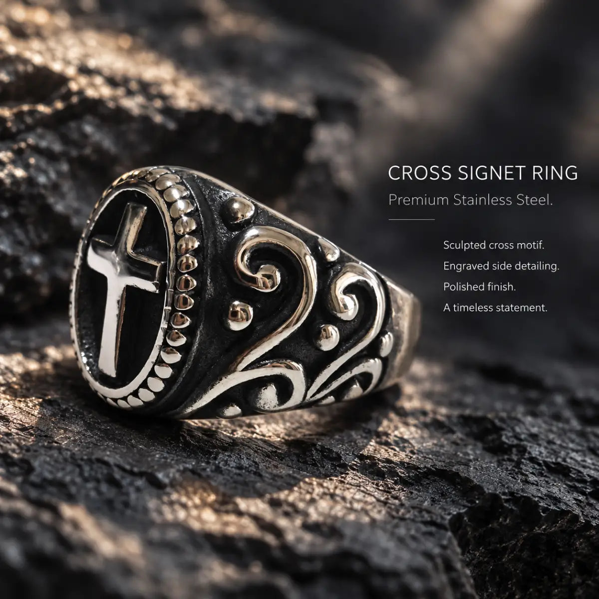 Dark Cross Ring Vintage Silver Displayed on Stone Surface