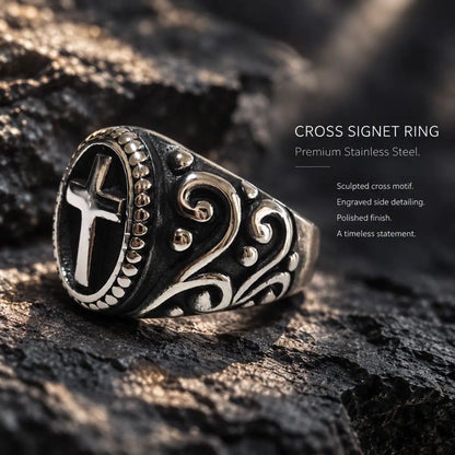 Dark Cross Ring Vintage Silver Displayed on Stone Surface