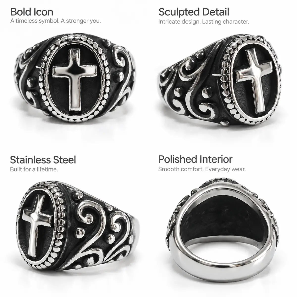 Dark Cross Ring Vintage Silver Multi Angle Details Showcase
