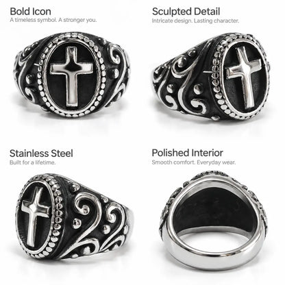 Dark Cross Ring Vintage Silver Multi Angle Details Showcase