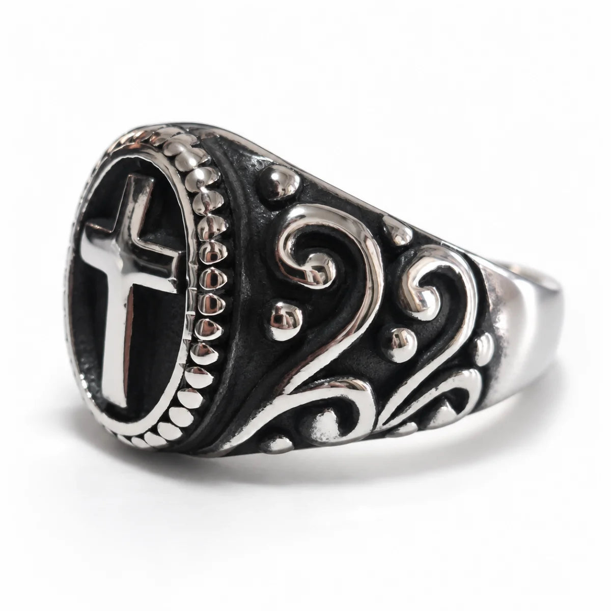 Dark Cross Ring Vintage Silver Side View White Background