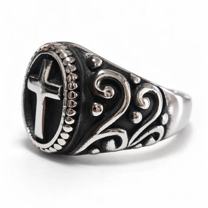 Dark Cross Ring Vintage Silver Side View White Background