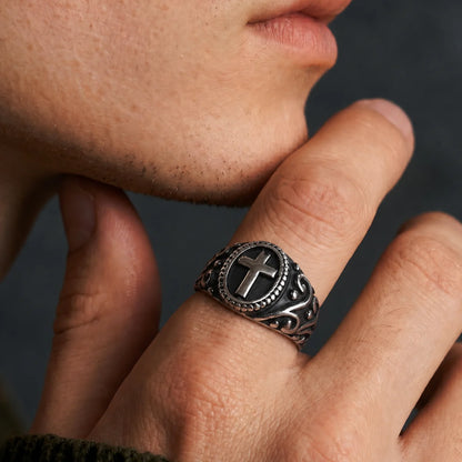 Dark Cross Ring Vintage Silver Worn on Ring Finger Hand View
