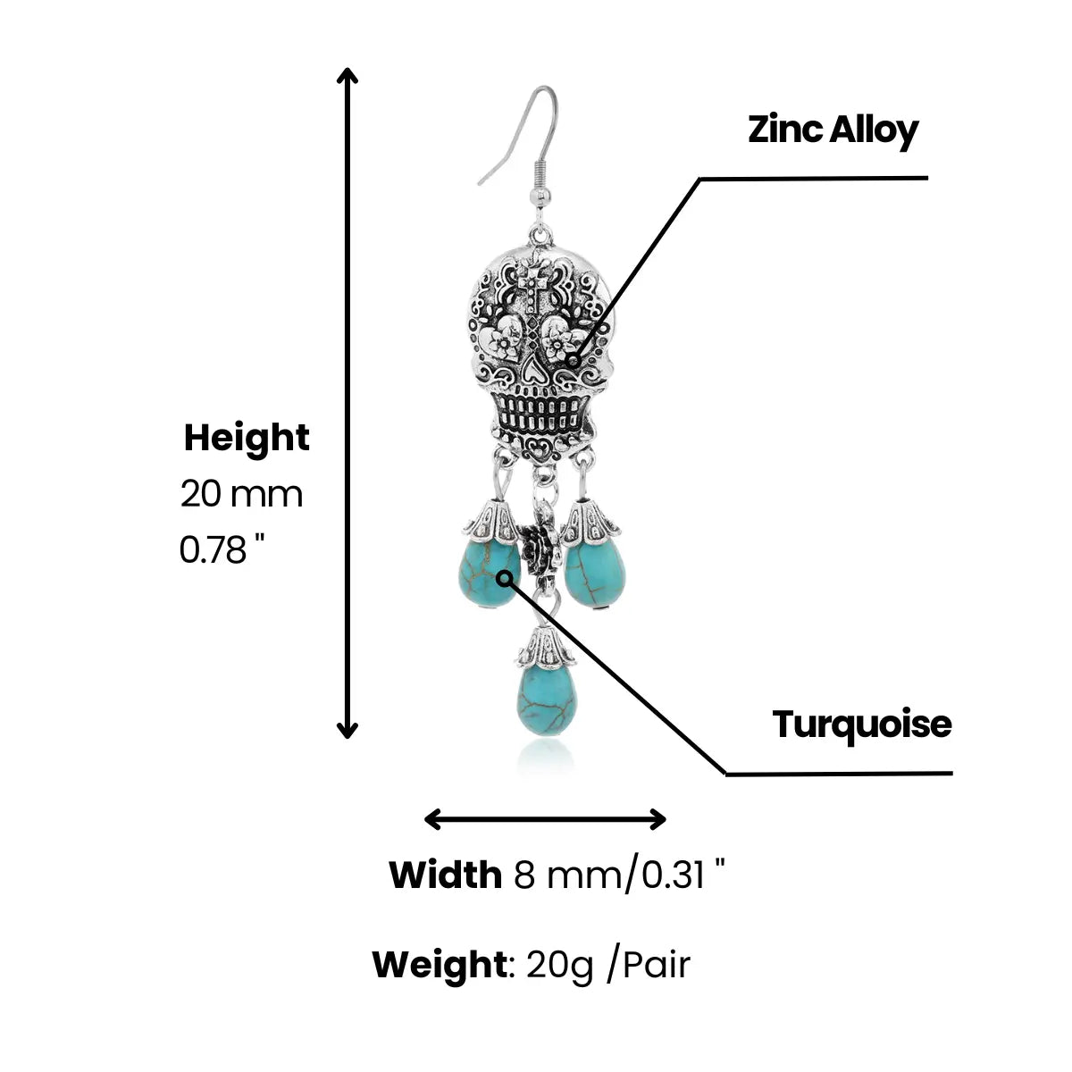 Day of the Dead Sugar Skull Earrings Dimensions and Weight