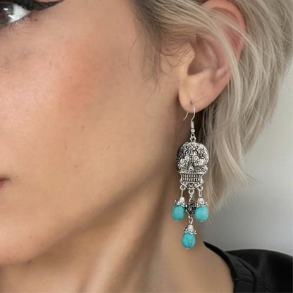 Day of the Dead Sugar Skull Earrings Worn by Female Model