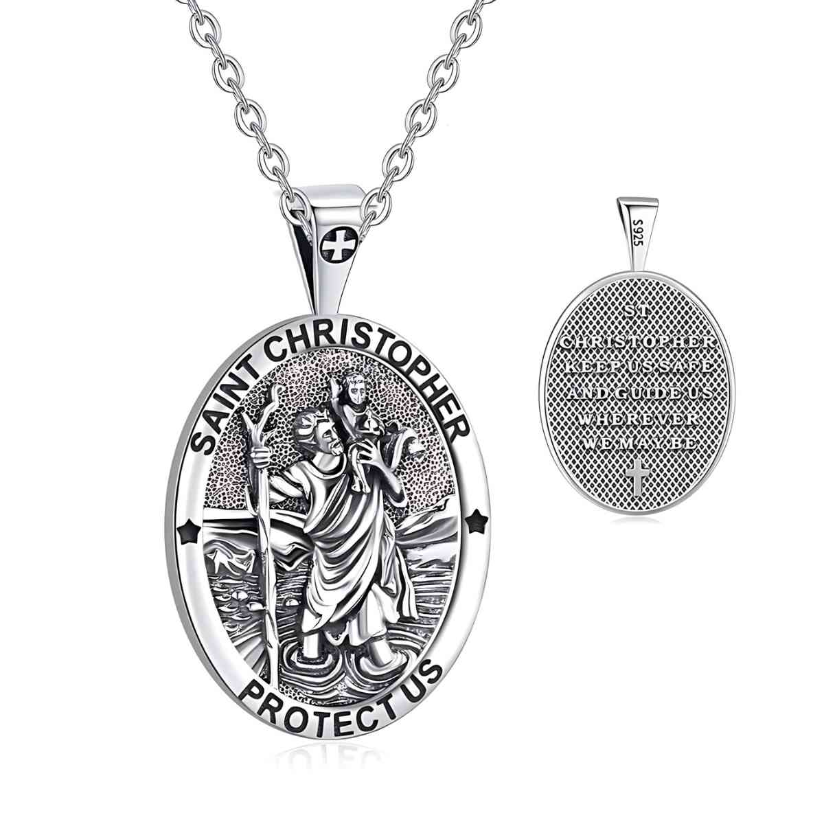 Detailed Silver St Christopher Necklace with Prayer with 18 inch Chain Xenos Jewelry